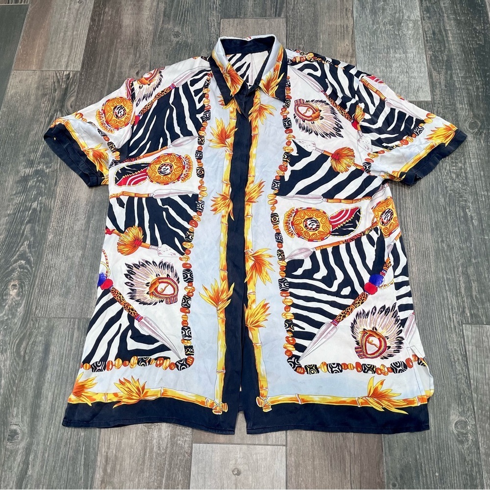 Vintage 100% Silk Cheetah Zebra Tribal African Print Blouse Y2K Sz 12 Large